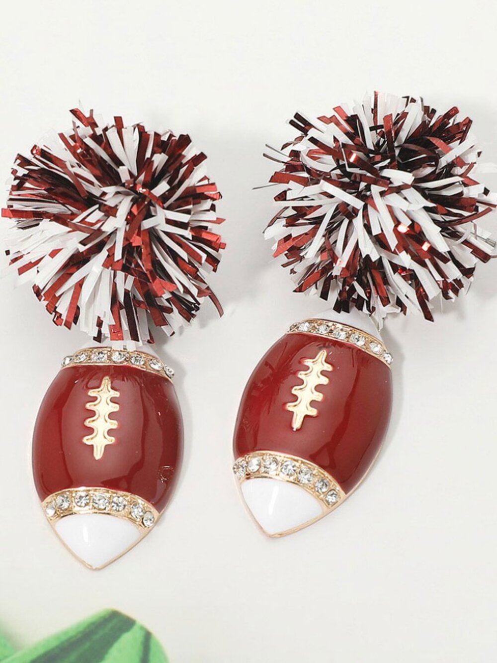 Alabama Rolltide Football Crimson White Cheer Tinsel Gameday Statement Earrings - Picture 2 of 3